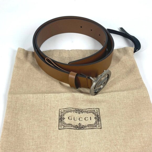GUCCI 546389 Interlocking G GG Buckle belt belt Leather Brown Unused - Picture 1 of 16